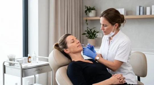 Een arts voert een vulstofinjectie uit bij een ontspannen patiënte in een behandelkamer van een kliniek in Brugge.